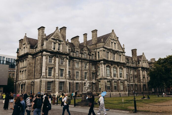 International students studying at a European university campus in Ireland